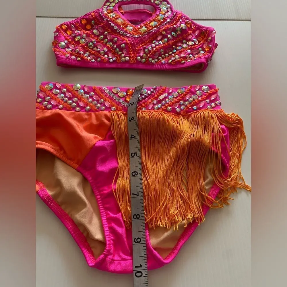 Glamour dance solo costume neon orange fringe rhinestone 2 piece LC-large child